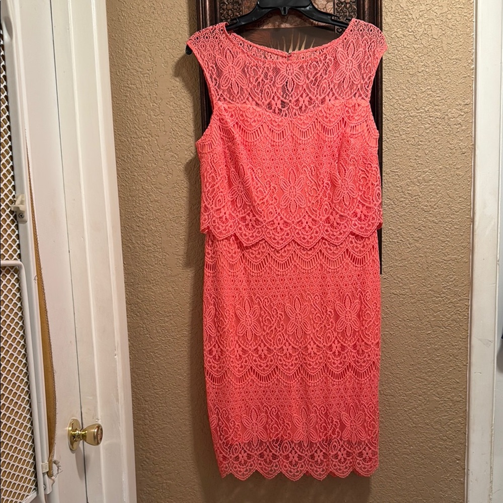 NWOT Melrose Crotchet Sheath Midi Dress. Coral Color. 8 Petite.